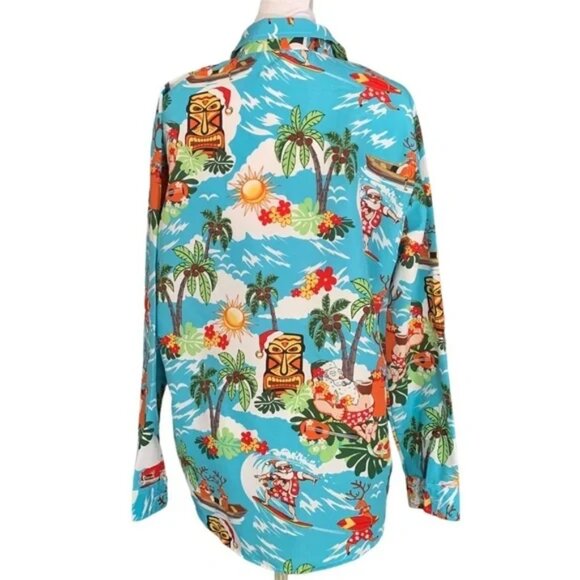 Santa Christmas Holiday Hawaiian Festive Graphic Button Down Shirt - Picture 2 of 11